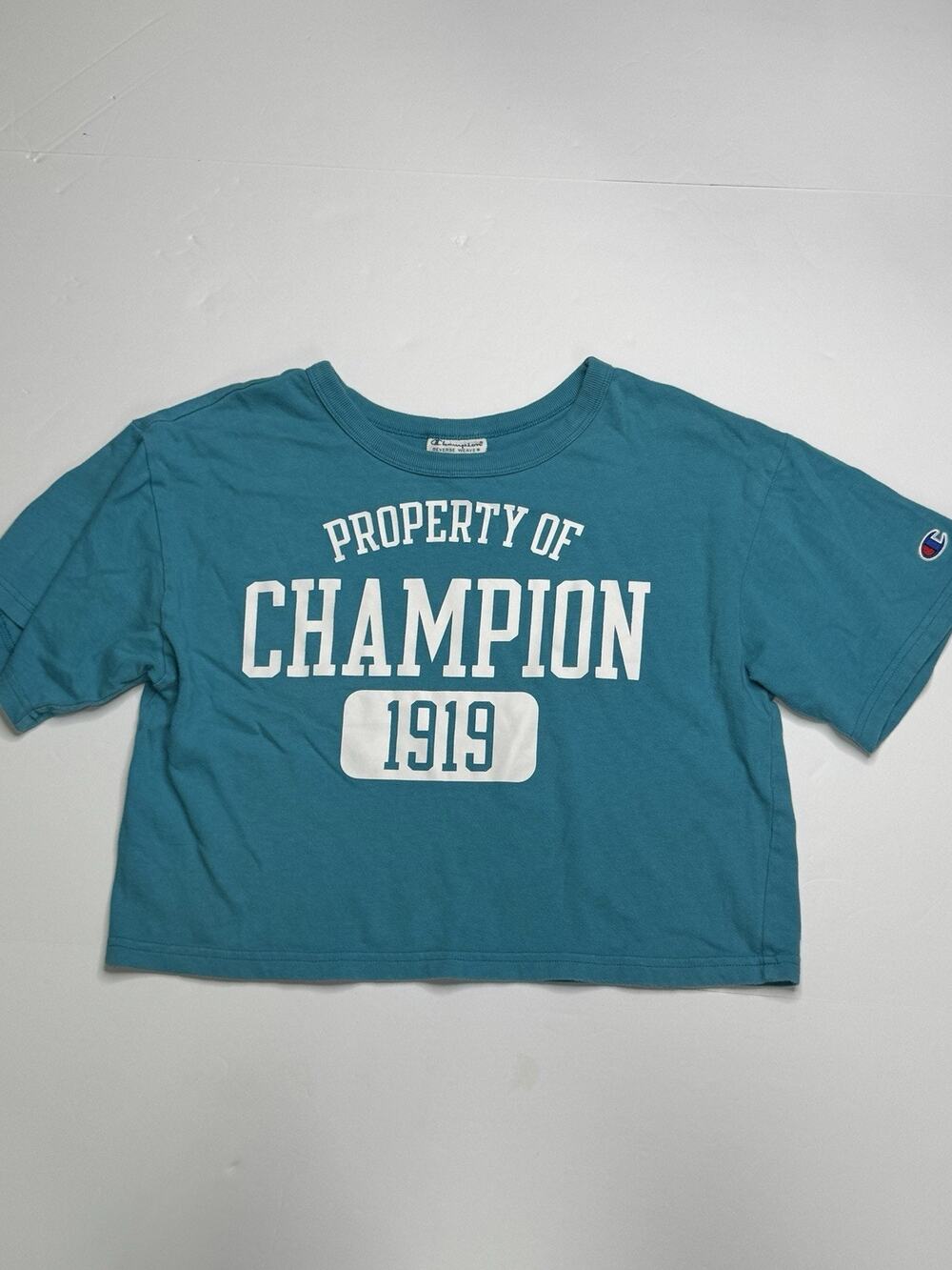 Champion Reverse Weave Heritage Crop T-Shirt Womens S Teal Property Of 1919